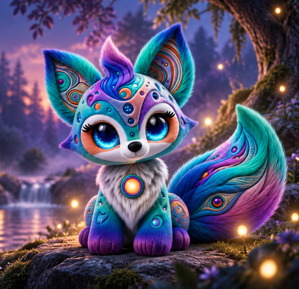Whimsy Wisper shown from her ears to her paws with her full colorful tail visible